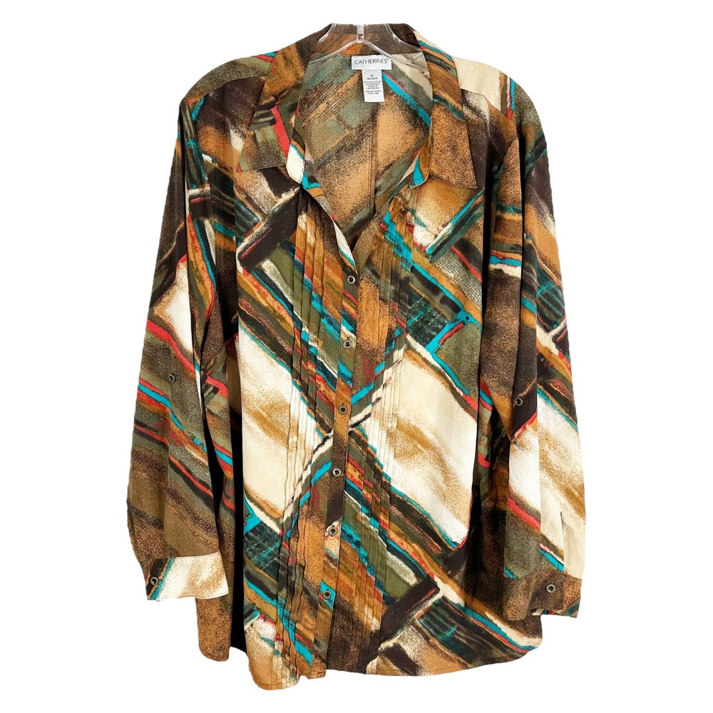 Catherines Plus Size 1X Top 18W 20W Brown Blue Chiffon Button Down‎ Blouse 1116